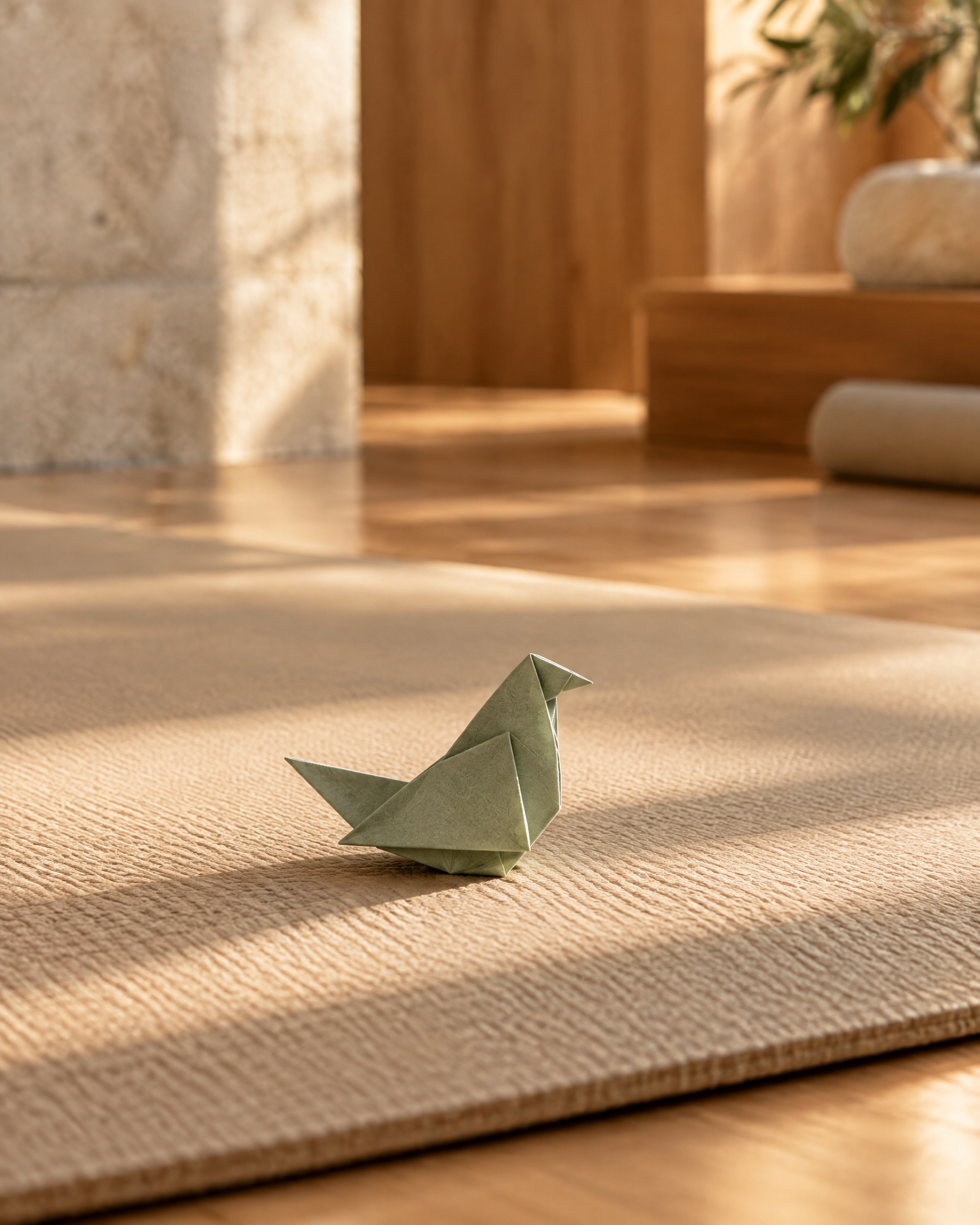 a small folded paper bird resting on an empty mat in a sunlit studio
